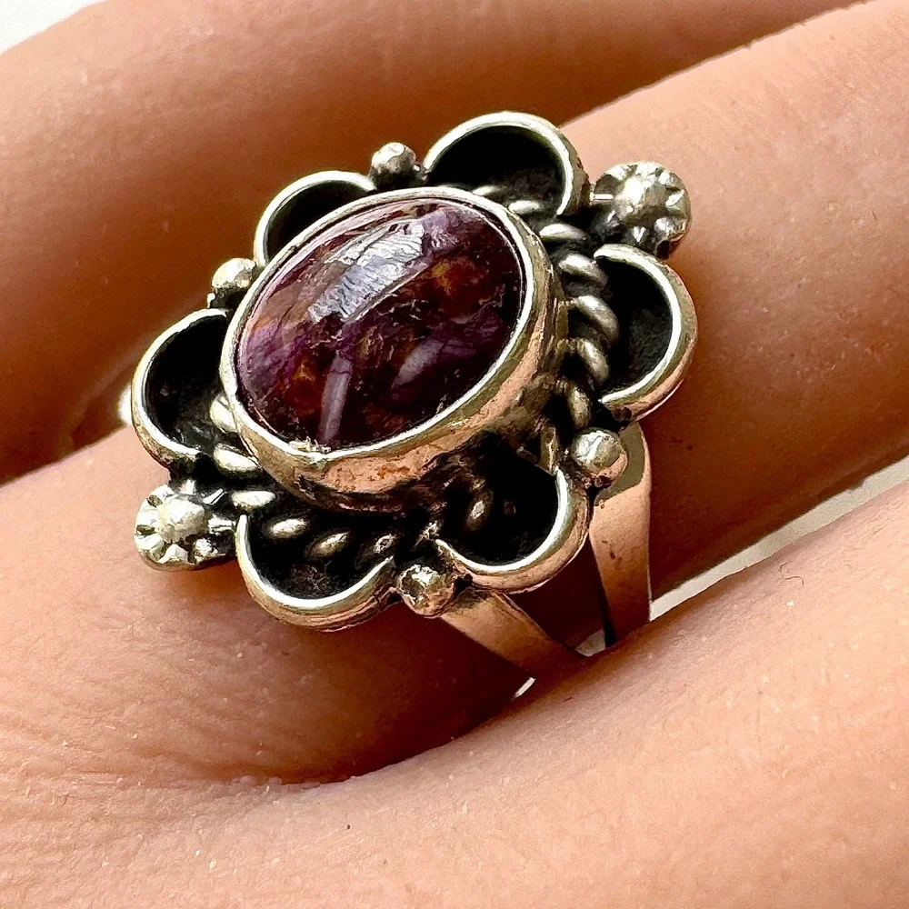 Navajo Flower Ring Purple Spiny Oyster Sz 8 Sterling Silver Native Signed Morgan